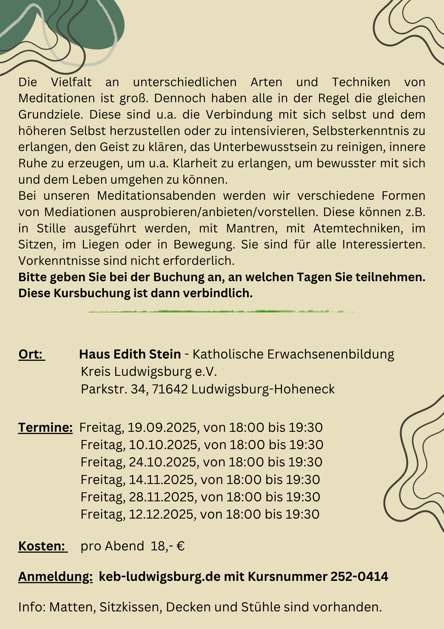 Flyer Seite 1 Meditationskurse Hoheneck